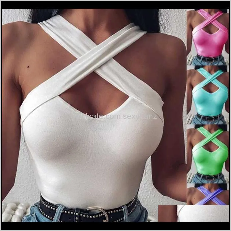 spring women t shirt halter cross sling crop sleeveless tops sexy summer female solid color hollow out backless1