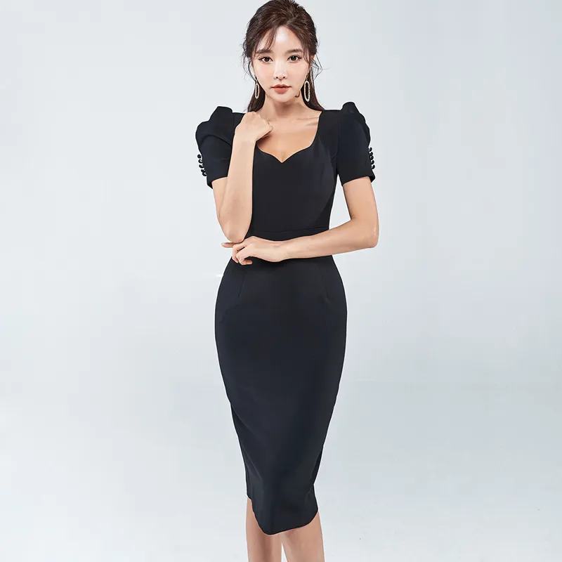 Moda Sexy Elegante Solido Elegante Casual Office Lady Work Business Bodycon Knee Midi Women Formal Pencil Dress 210514