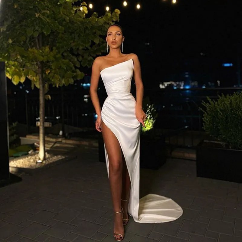 2021 Sexy Ballkleider mit hohen Split Satin Abendkleider für Party formale Kleid Robe de Soirée de Mariage