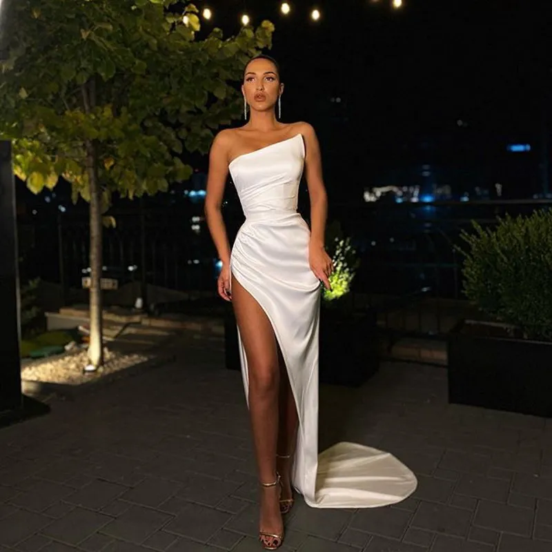 Sexy Ballkleider 2021 mit hohem Schlitz, Satin-Abendkleider für Party, formelles Kleid, Robe Soire De Mariage