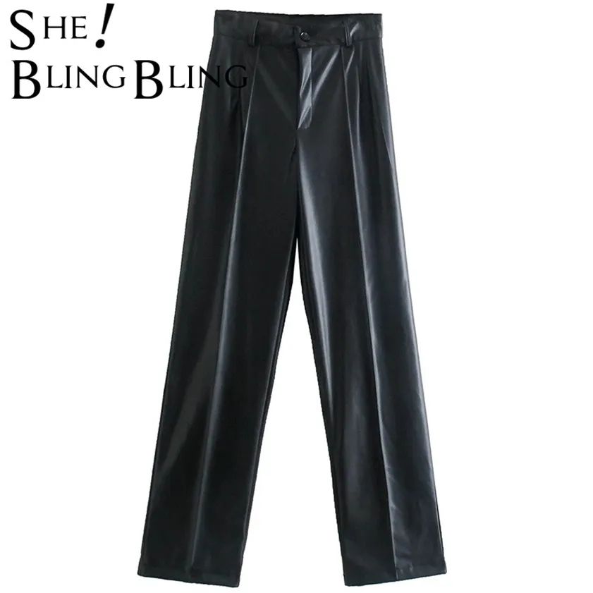 Shebeling Za Woman Casual Traf Byxor Spring Punk Style Straight Long Long Pant High midja Femme Faux Pu Leather Pants 220214
