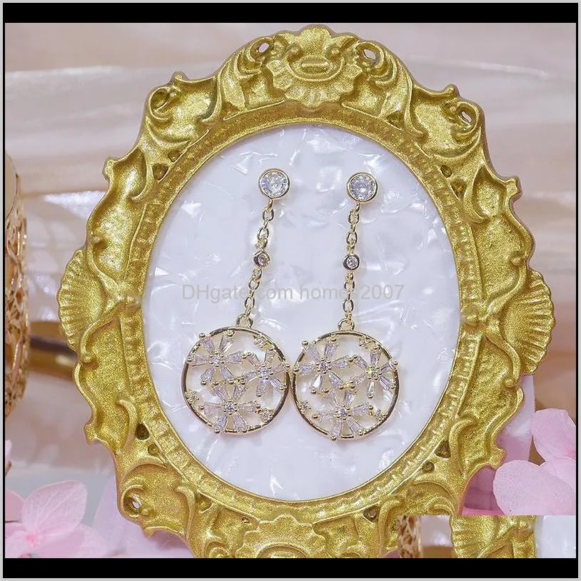14k real gold shine flower round earring for women bling zircon charm temperament korean stud earrings wedding jewelry gift