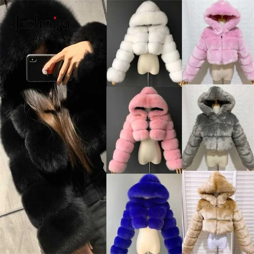 Echoine Women Winter Faux Fur Crop Jacket Furry Beskuren Teddy Coats Jackor Fluffy Top Coat With Hooded Manteau Plue Storlek 5xl 211220