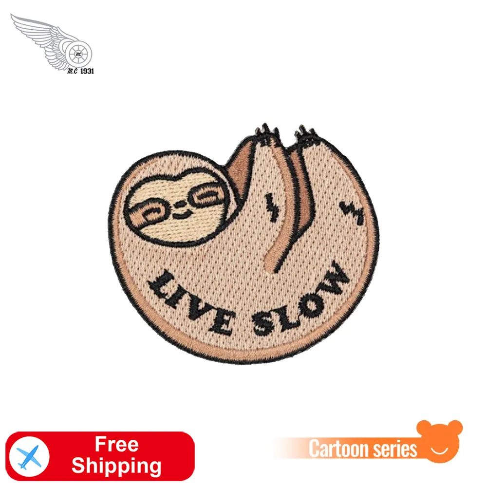 Sloth Live Slow Embroidery Iron On Patches Cartoon Applique For Clothing Shirts Bag Hats DIY Accessories Twill Fabric Badge