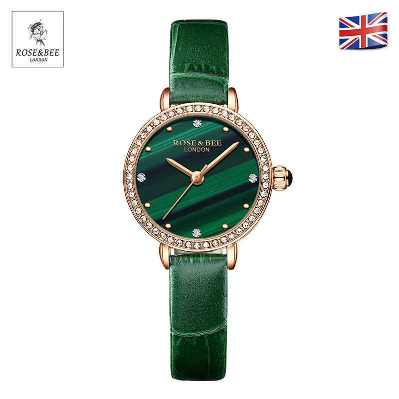 Japan Quartz Malachite Green Dial Diamonds Luxury Ladies Watch Äkta Läder Vattentät Kvinnor S Klockor 210616