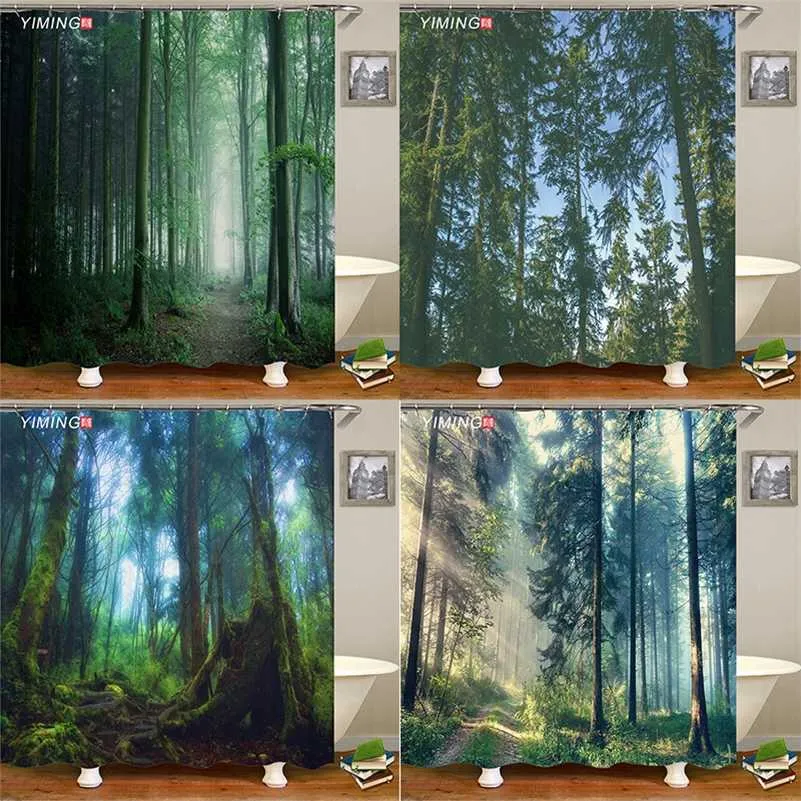 3D printing misty forest bathroom shower curtain green natural landscape home decoration curtain with hook curtain 211116