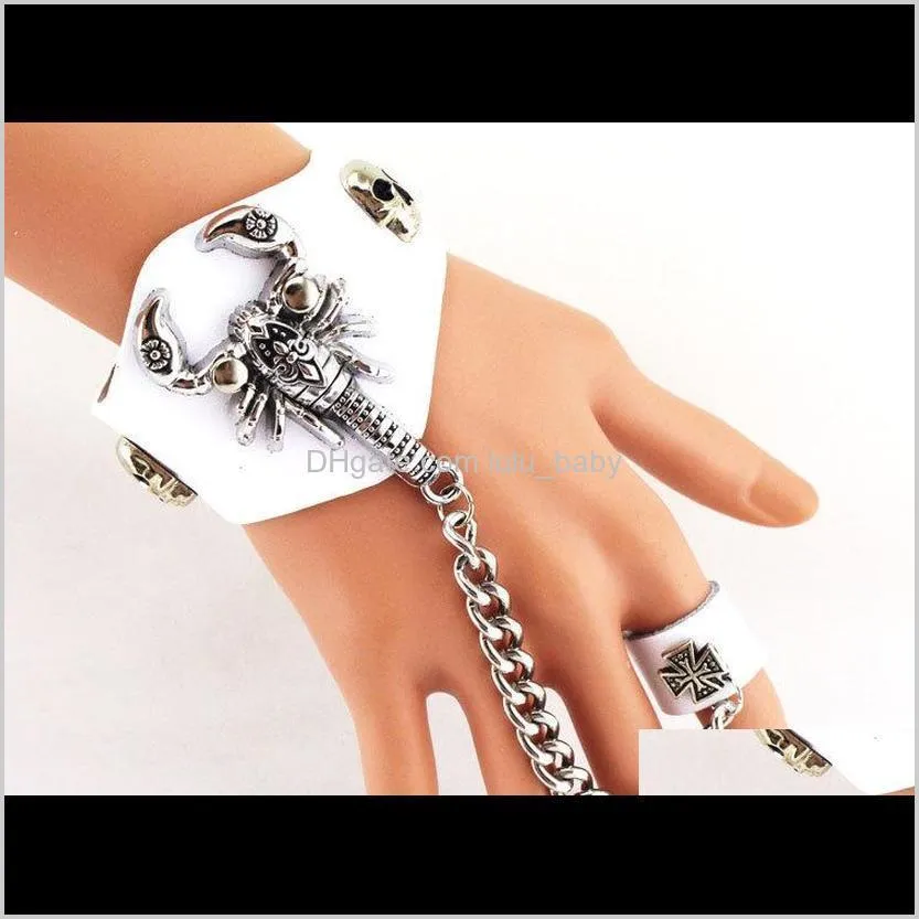 new arrival punk scorpion skull leather wide bracelet with ring for men jewelry very cool fashion