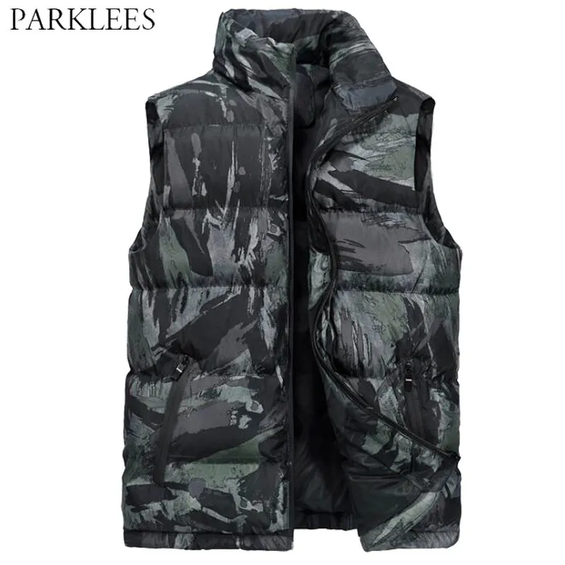 Stilvolle Camouflage Männer Winter Weste Jacken Warme Ärmellose Vintage Camo Weste Herren Militär Casual Plus Größe Veste Homme 7XL 210524