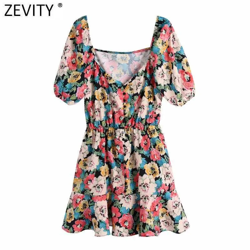ZEVITY Kadınlar Vintage V Boyun Puf Kol Elastik Bel Gömlek Elbise Kadın Chic Çiçek Baskı Rahat Hem Fırfır Mini Vestido DS8275 210603
