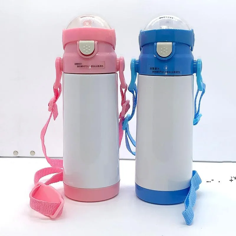 New12oz sublimering blank vattenflaska Barnens vakuumkoppar Kettle DIY Enkel bärbar dricka kopp med rep halm EWB6385