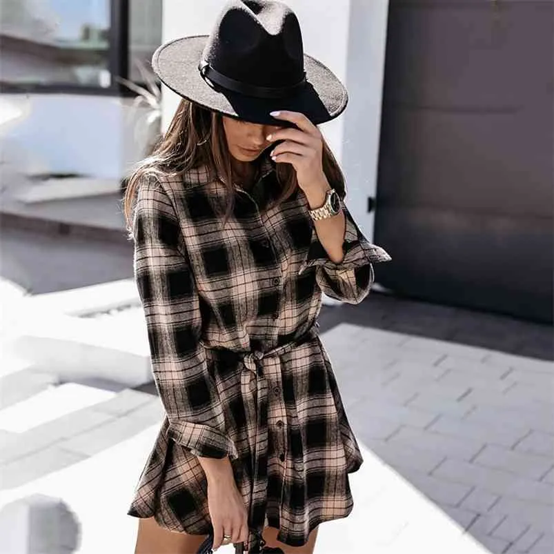 Autumn Long Sleeve Plaid Shirt Dress Women Clothes Casual Turn Down Collar Mini Button Lady Office Vestidos 210427