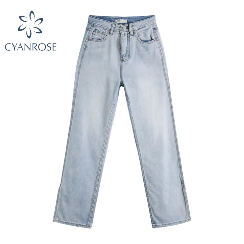 Långa jeansdenim byxor tvättar hem split rok hög wasit lösa casual streetwear byxor hajuku mode fritid y2k kläder 210417