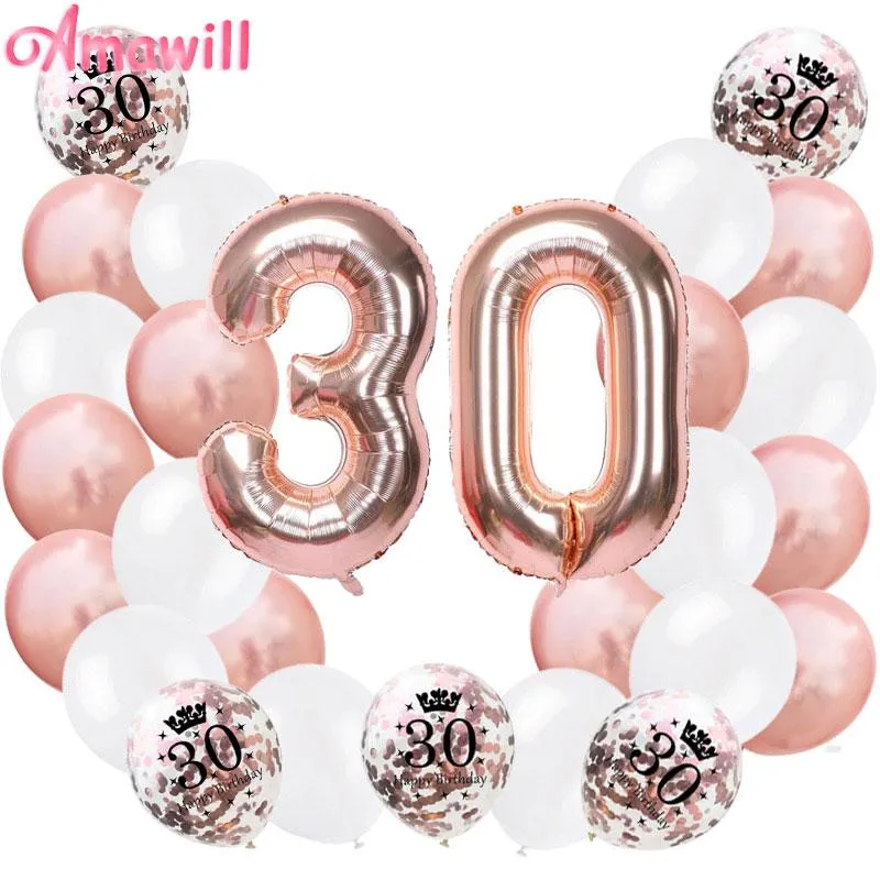 Сторона украшения Amawill Rose Gold 30-й С Днем Рождения Confetti Воздушные шары Мужчины Женщины 30 лет Поставки 7D