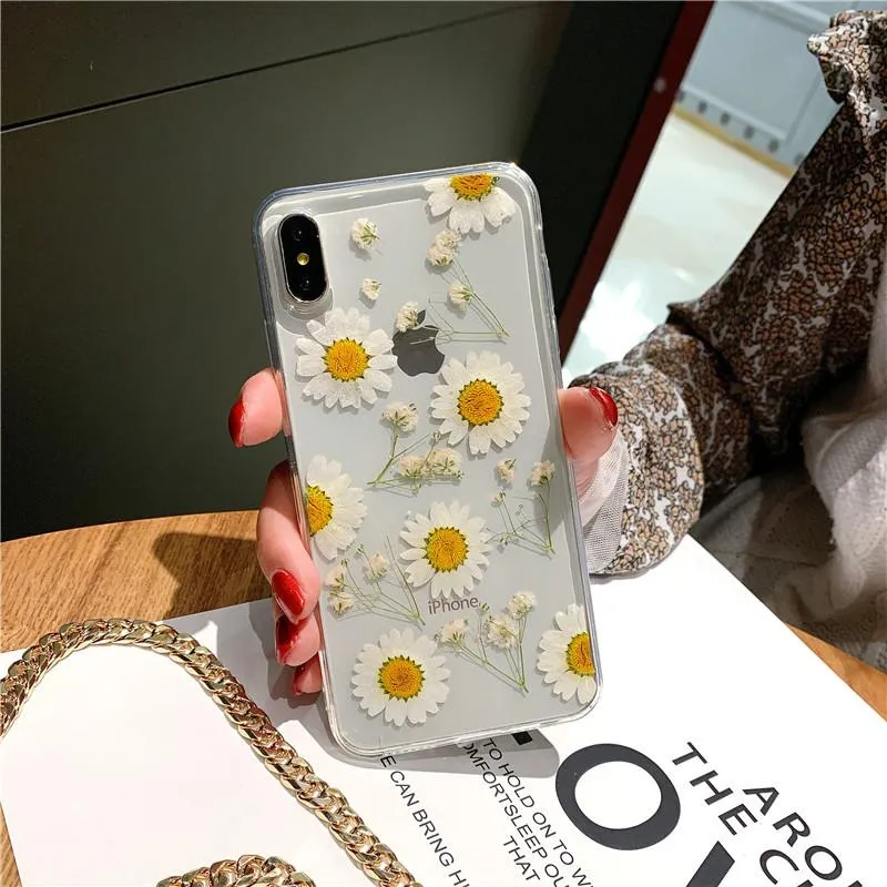 2021 mode coques de téléphone antichoc petite marguerite fleur sèche bricolage Silicone Transparent TPU conception personnalisée étanche femmes pour iPhone 11 12 Pro XS XR X Max couverture arrière