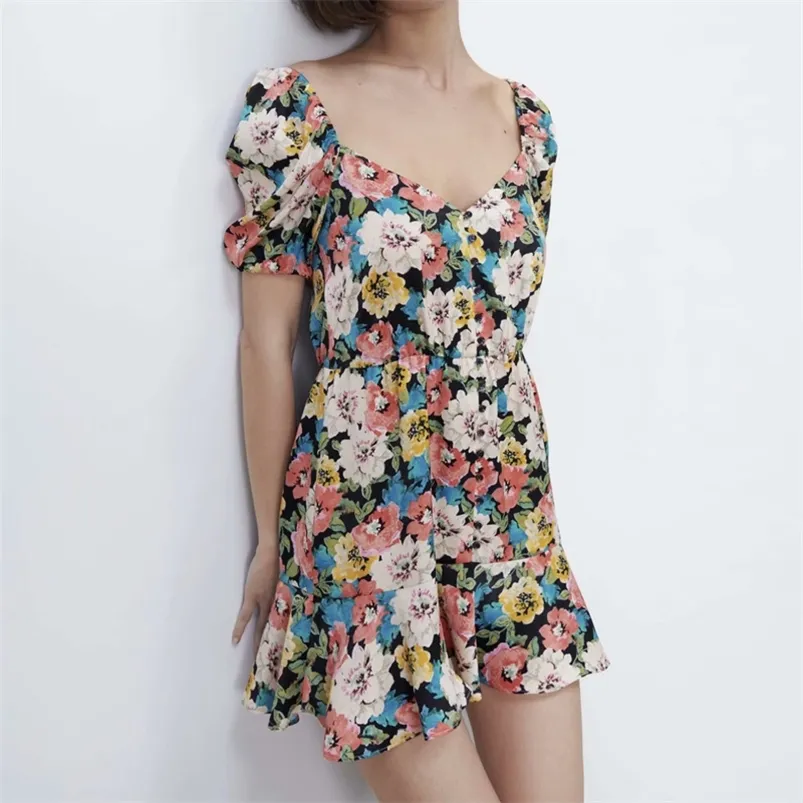 Women Summer Vintage Print Mini Dress ZA Short Sleeve V-Neck Buttons Female Elegant Street Fashion Dresses Vestidos 210513