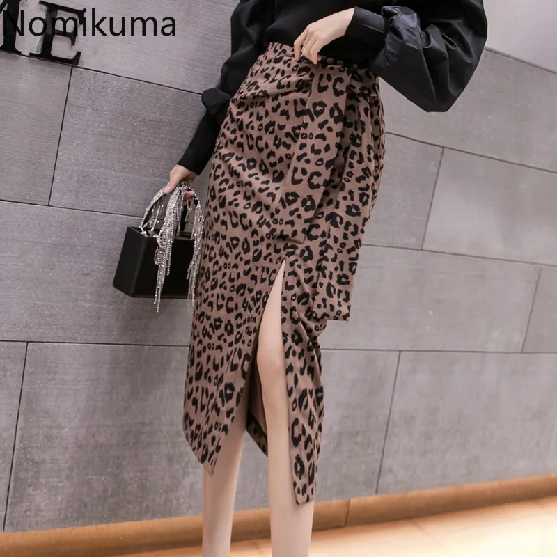 Nomikuma Autunno Inverno Coreano Chic Split Gonna stampata leopardata Lunghezza media Vita alta Gonne Cinturino donna Lace Up Faldas 3d411 210514