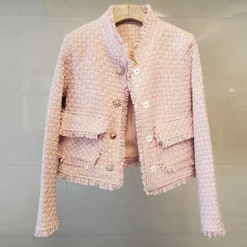 Arrivée piste printemps haute qualité doux rose perles veste manteau élégant femmes belle laine luxe Outwear 210529