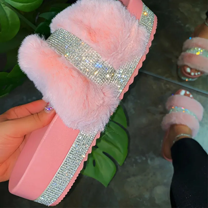 Chinelos de pele feminina verão peludo slides femininos macios sapatos internos femininos bling fuzzy sliders casa atacado dropshipping x0523