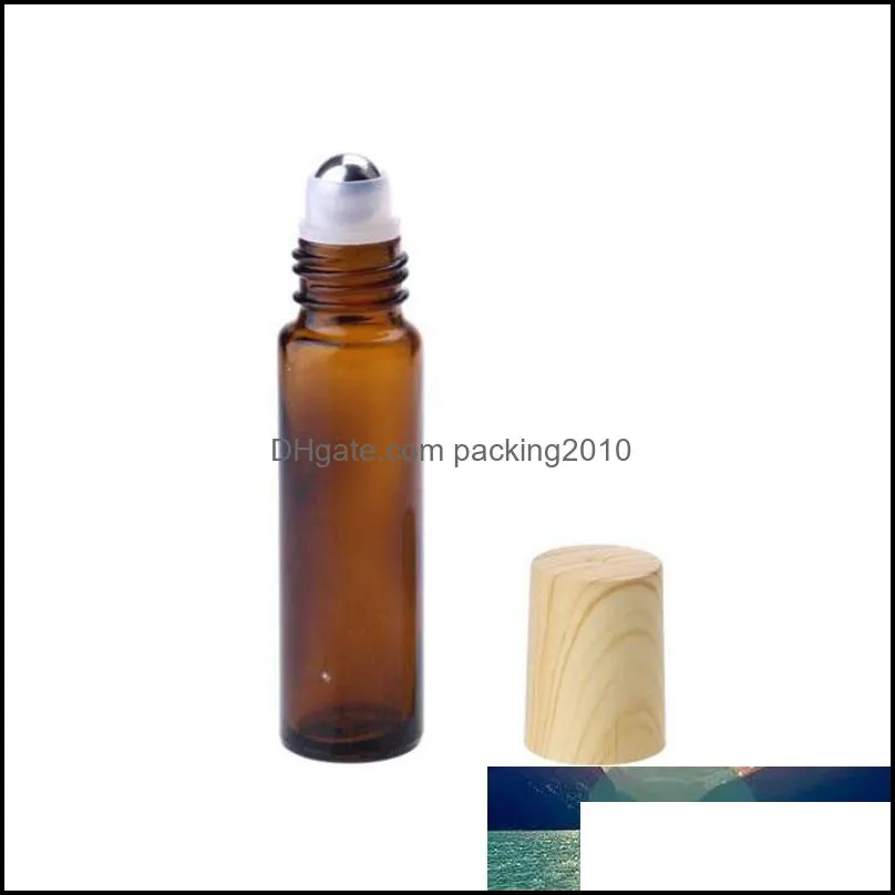 10ml Frosted Clear Blue Amber Glass Roll on Bottles Roller Ball Glass Bottle With Wood Grain Cap For  Oil Perfume