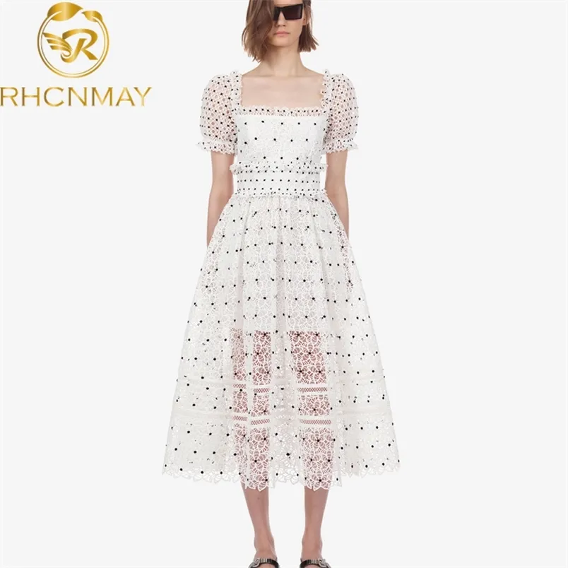 Party Maxi Dress Lace Square Collar Puff Long Sleeve Mid-Calf Length ...