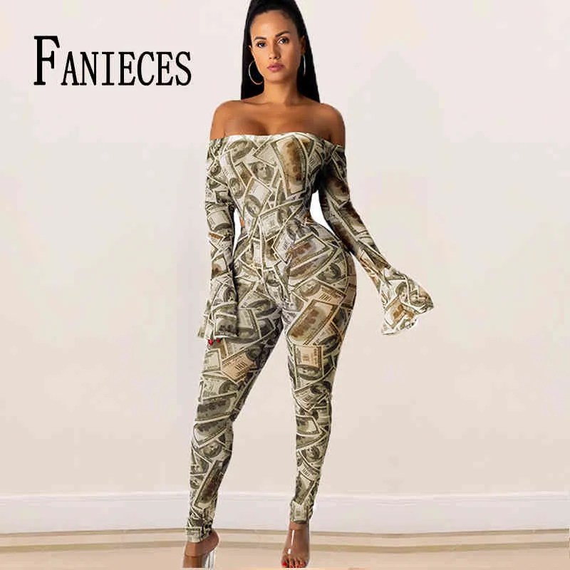 Kadın Kapalı Omuz Bodycon Uzun Kollu Dolar Baskı Clubwear Tulum Sıska Seksi Tulumlar Femme Pantolon Gece Kulübü Kıyafetler 210520