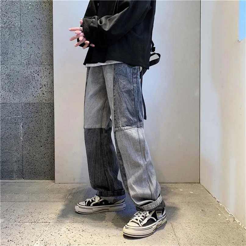 Korean Style Fashion Men's Denim Wide-leg Pants Autumn Loose Straight-leg Jeans Paneled Trousers Male 211108