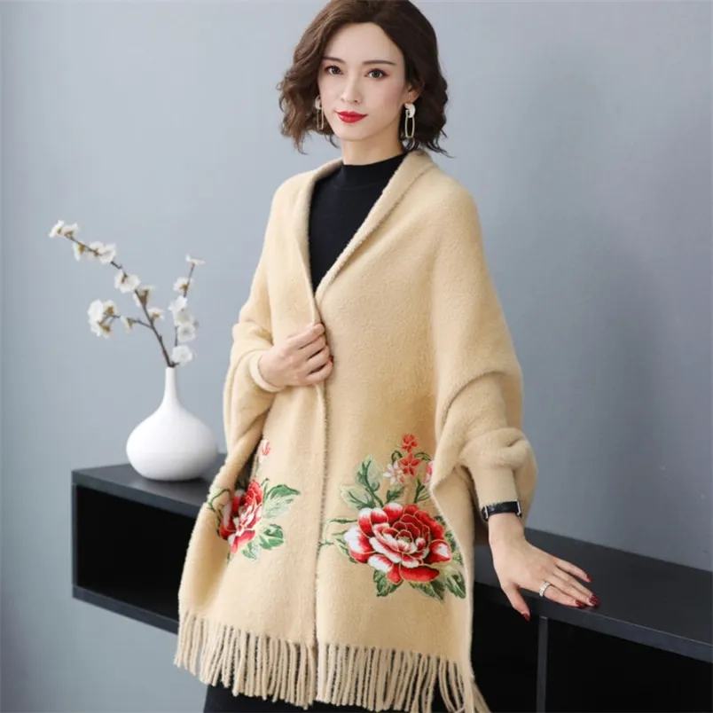 Giacca con scialle in pelliccia di visone artificiale da donna di media lunghezza lungo autunno e inverno con mantello spesso per Cheongsam 210427