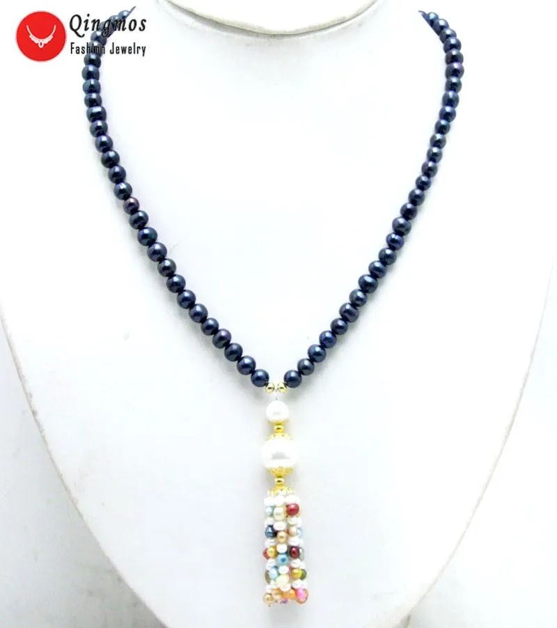Collane con ciondolo Qingmos Collana di perle rotonde nere naturali da 6 mm per donna Nappa barocca multicolore lunga 20 ''