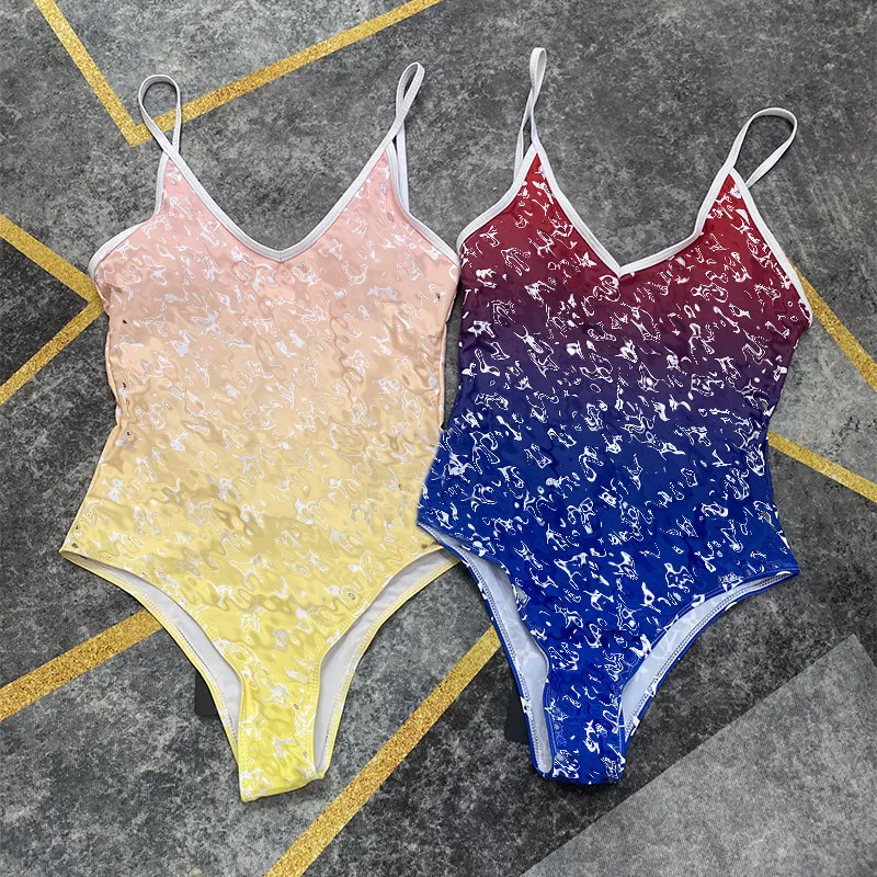 Stylish Gradient One Piece Swimsuit Sexy Ladies Hollow Out Backless Swimwear Full Letter Printed Bathing Suit Women Swimming Wear With Tags