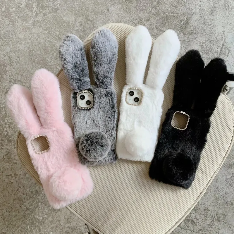 3D Rabbit Genuine Hair Plush Cases For For Samsung S24 S23 Ultra Plus S22 A24 A04E A34 A54 A14 5G A04 Bling Diamond Fluffy Fur Fuzzy Soft TPU Ear Fashion Back Cover Skin