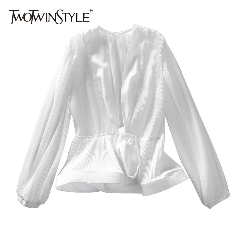 TWOTWINSTYLE Camicia in chiffon per donna con scollo a V manica a lanterna con lacci a vita alta elegante camicetta moda abiti vintage autunno 210517