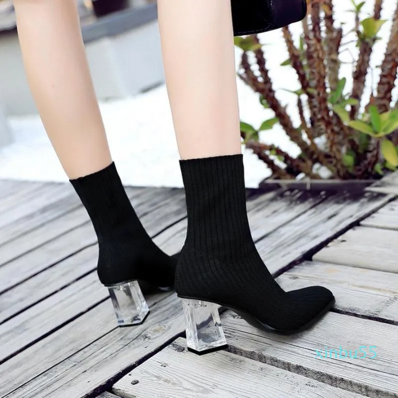 Boots Square Heels Women Sexy Toe Sock Shoes Knit Fabric Pumps Mid Calf Autumn Winter Stretchy Booties 8 Cm