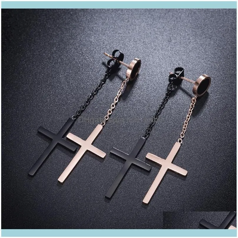 Stainless Steel Rose Gold Black Double Cross Women Drop Earrings Jewelry Gift Cut Line Fashion Trend Minimalism Dangle & Chandelier