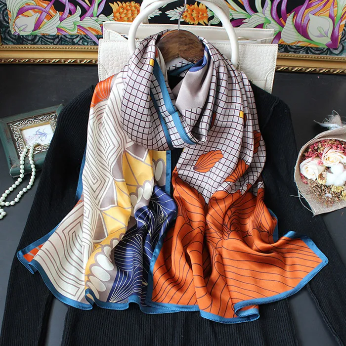 2021 mode foulard en soie imprimé à carreaux 170 53 cm longues écharpes pour femmes Chic dame écharpes châles enveloppes Hijab foulard été Ba250s