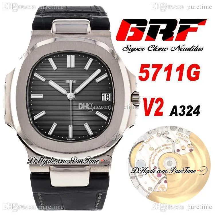 GRF V2 5711G PP324SC A324 Automatiska Mens Watch Steel Case Svart Texturerad Ring Läderrem Super Edition 6 Stilar Klockor Puretime A1