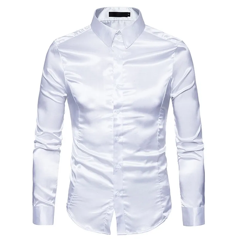 Mens vit silke skjorta mode satin män social casual smal passform långärmad klänning s manlig camisa masculina 210721