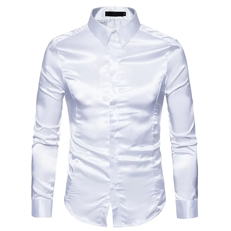 Mens White Silk Shirt Fashion Satin Men Social Casual Slim Fit Long Sleeve Dress s Male Camisa Masculina 210721