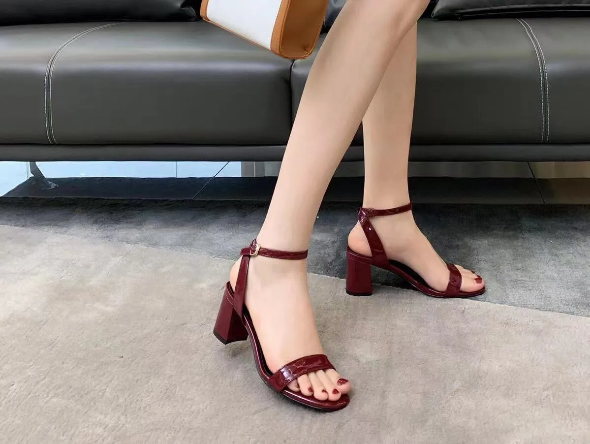 stylishbox ~ high quality! Y21042004 BLACK/IVORYBURGUNDY HEELS sandals calf skin italy PATENT genuine leather ANKLE strapy 5.5cm classic fashion work shoes