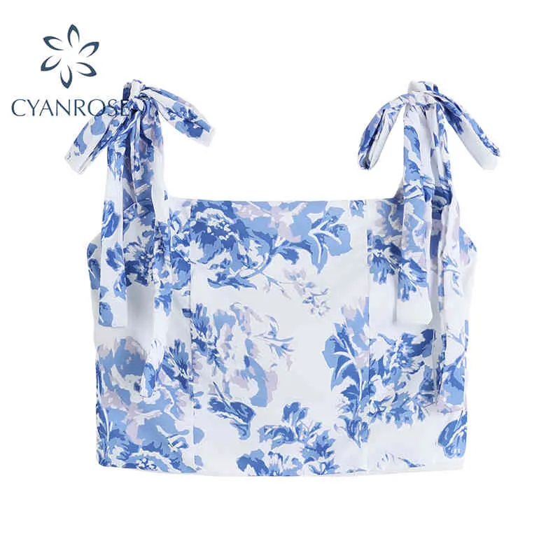 Summer Spaghetti Strap Bandage Women's Crop Camisole Retro Floral Print Elegant Party Club Sexy Tanks Tops Or Camis Mujer 210417