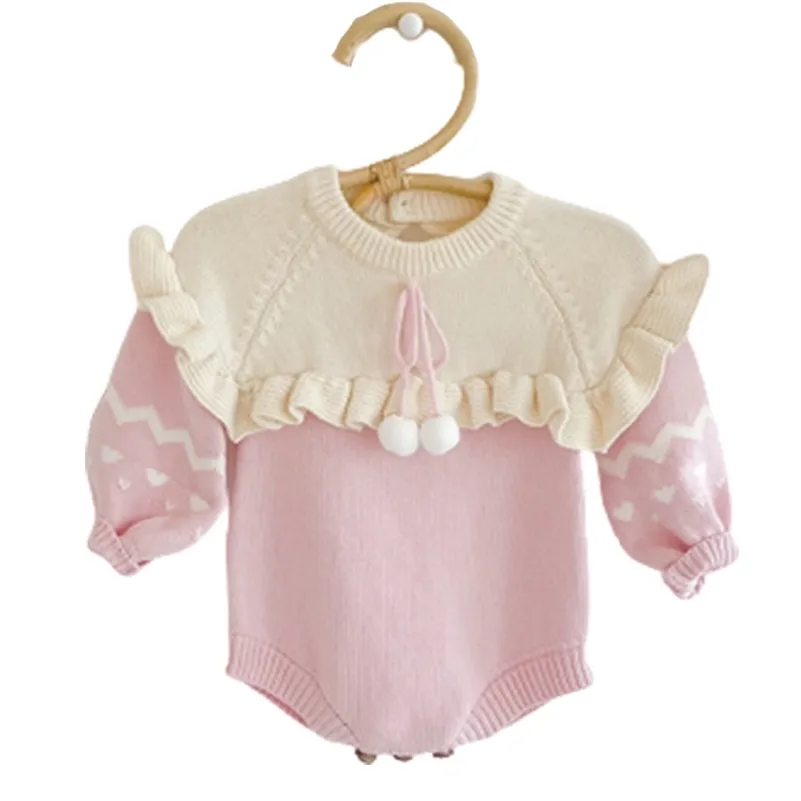 Pagliaccetto autunnale lavorato a maglia Pagliaccetti a maniche lunghe Abiti in cotone Maglione per neonato Tuta da bambina 210417