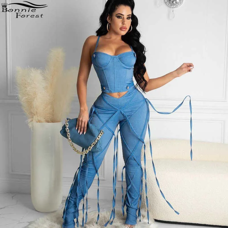 Bonnie Forest Fashion High Waist Caged Jeans (Medium) Summer Womens Fringed Denim Pants Skinny Jeans Trousers Party Club Wears Q0801