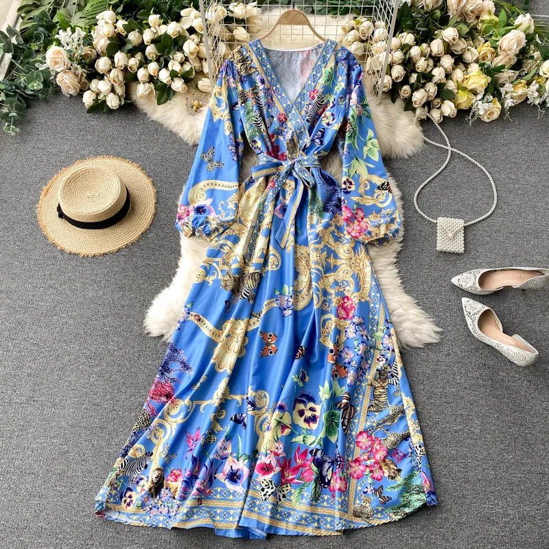 Singreiny Kobiety Retro Print Maxi Dress V Neck Rękawem Puff Sleeve Lace Up A-Line Casual Sukienki Wiosna Koreańska Chic Streetwear Długa Dress 210419