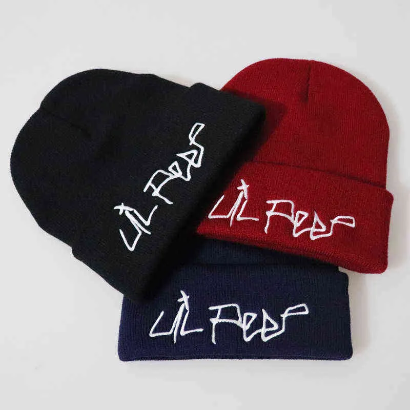 Lil Peep Beanie Broderie Amour hommes femmes Bonnet tricoté Bonnet Skullies Chaud Hiver Unisexe Ski Hip Hop Chapeau Fille Triste Visage Y21111