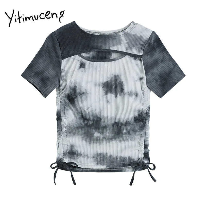 Yitimuceng Tie Dye Magliette Donna Hollow Lace Up Tees Skinny O-Collo Top Abbigliamento Harajuku Estate Moda Coreana Magliette 210601