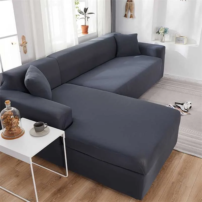 Plain Corner Sofa Covers for Living Room Elastic Spandex Couch Cover Stretch Slipcovers L Shape Sofa Need Buy 2pcs Sofa Cover 211102