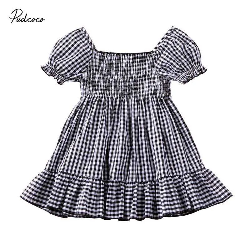 2020 Baby Letnia Odzież Toddler Kid Girl Dress Baby Sukienka Shortsleeve Party Plaid Wzburzyć Tutu Casual Off Ramię Elastyczny Suknie Q0716