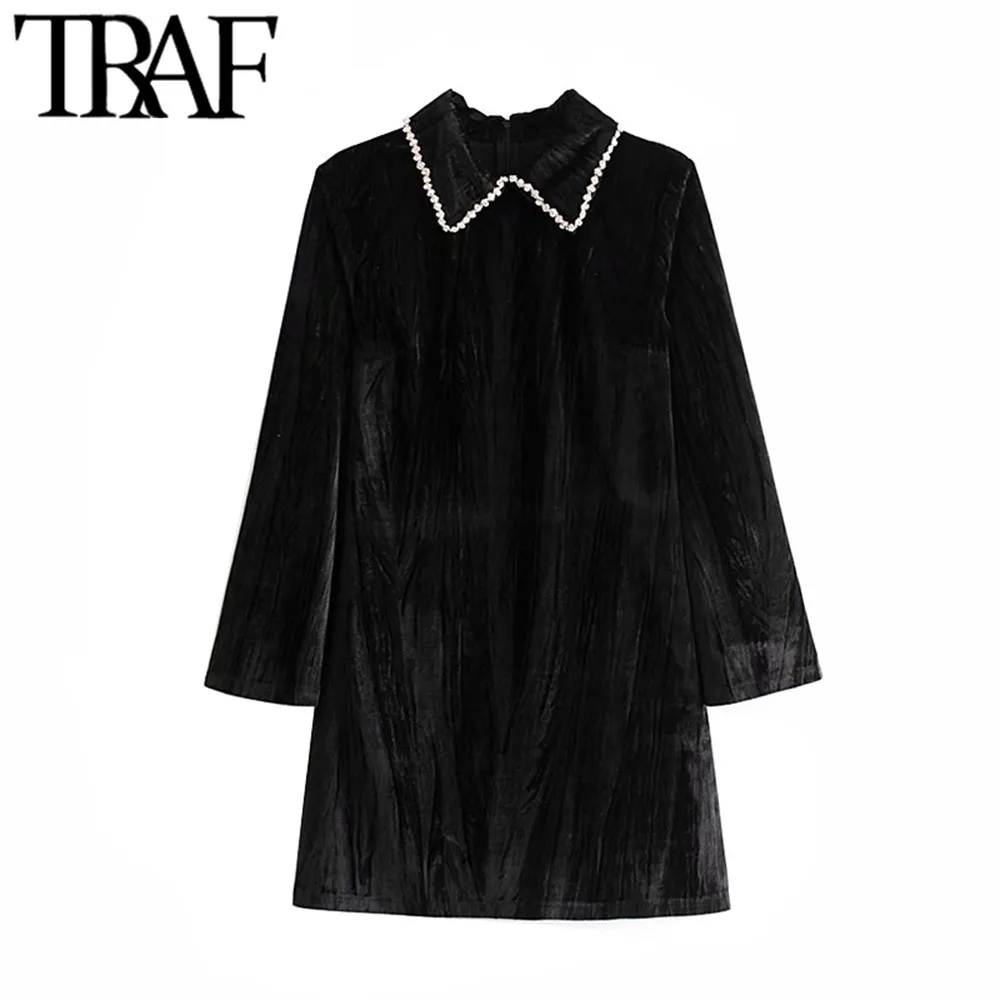 TRAF Women Vintage Stylish Office Wear Beading Appliques Velvet Mini Dress Fashion Lapel Collar Long Sleeve Female Dresses Mujer 210415
