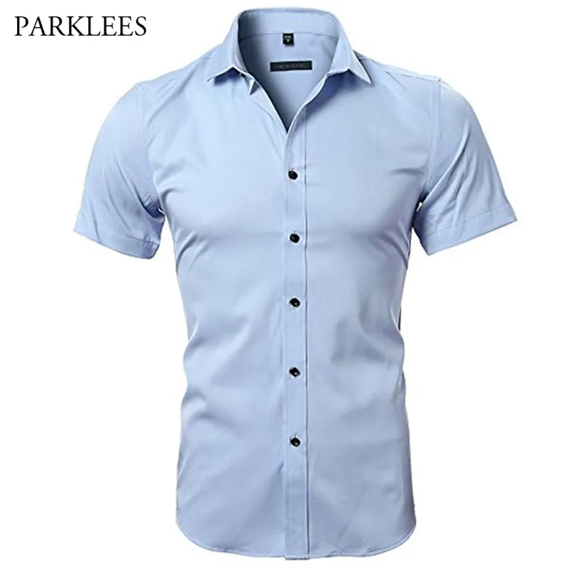 Camisa de fibra de bambu azul homens verão manga curta homens vestido camisas casuais fit candidato fácil cuidado maciço não ferro químico nomme 210721