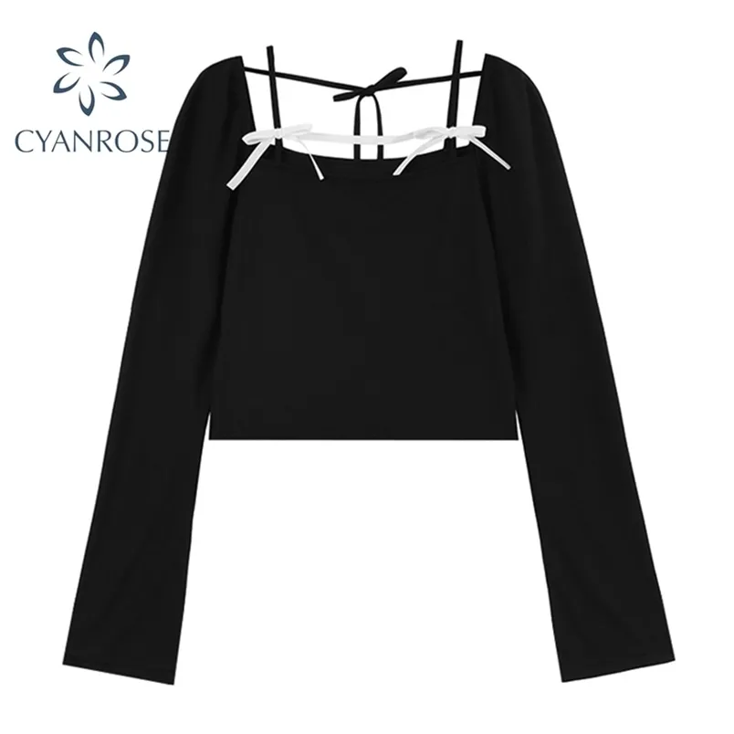 Sommar Kvinnors Bodycon Crop Tees Kvinna Långärmad Strap Bow Design Svart T-shirt Elegant Koreansk Sexig Club Bar Trendiga Toppar 210515