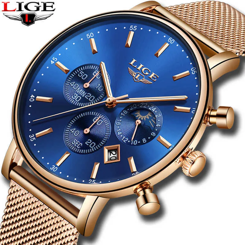 LIGE Femmes Mode Or Bleu Quartz Montre Lady Mesh Bracelet De Haute Qualité Casual Étanche Montre-Bracelet Cadeau Lune Phase horloge 210527